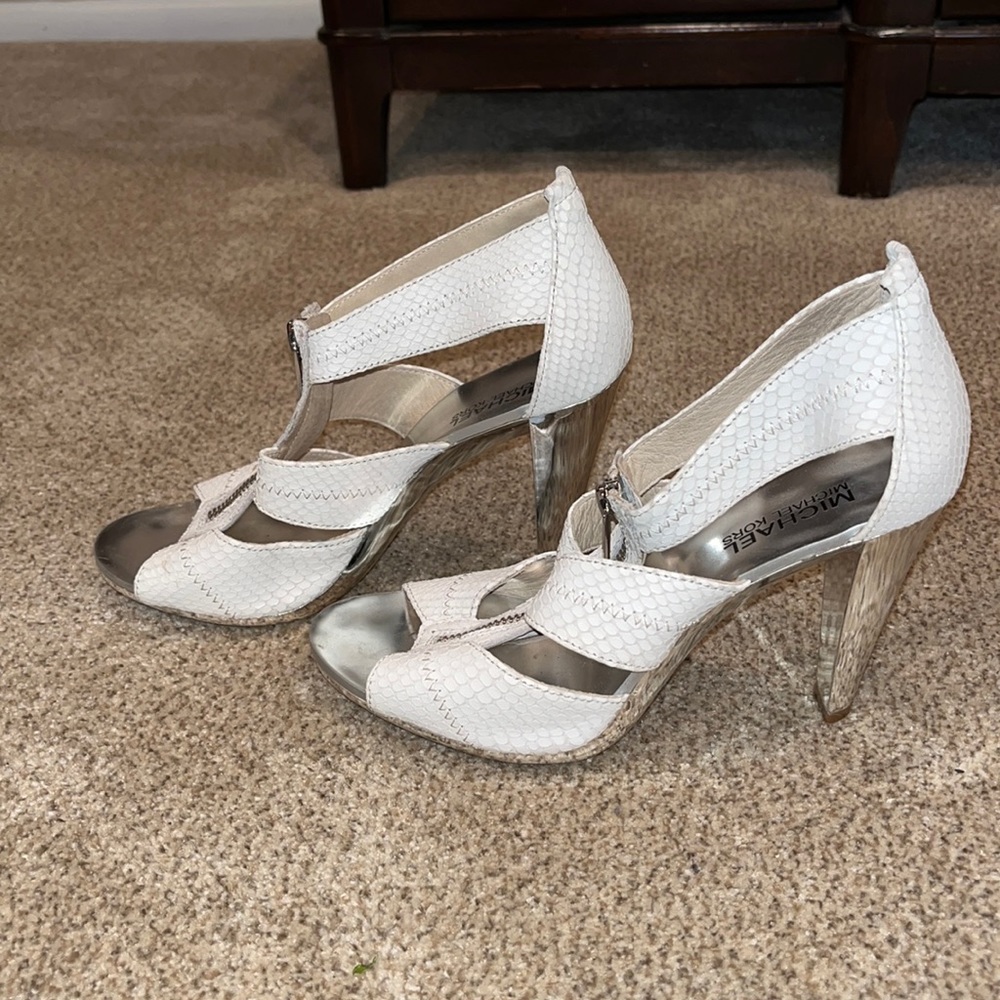 Michael Michael Kors silver and white heels.